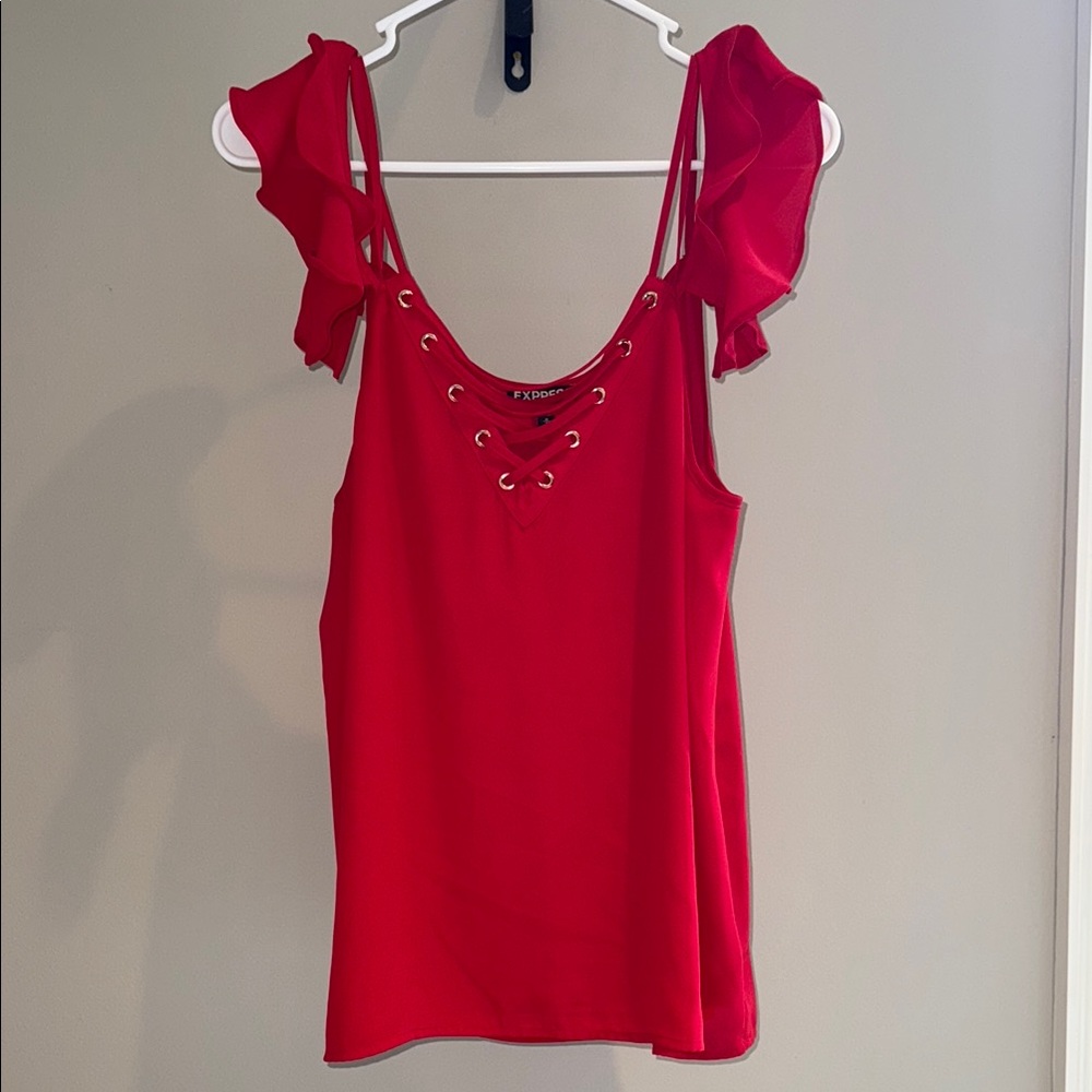 Express Red Ruffled Cold Shoulder Top M